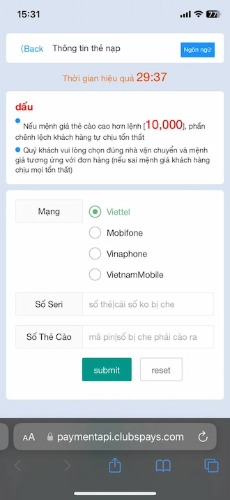 Nạp Tiền Thẻ Cào